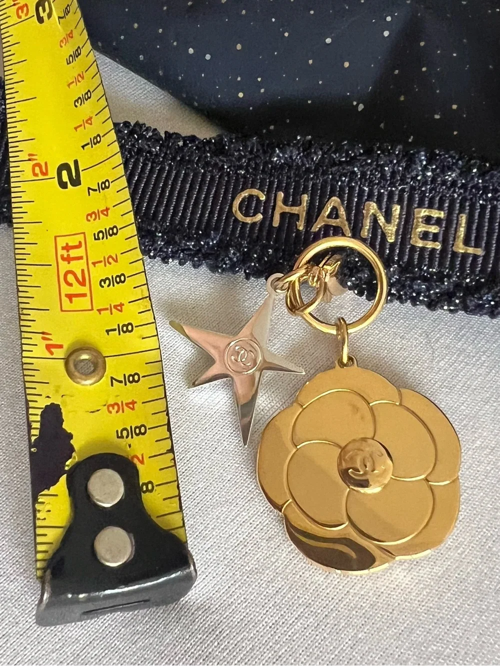 CHANEL Blue Ribbon Rope Charm Gold Camellia with silver Star New
